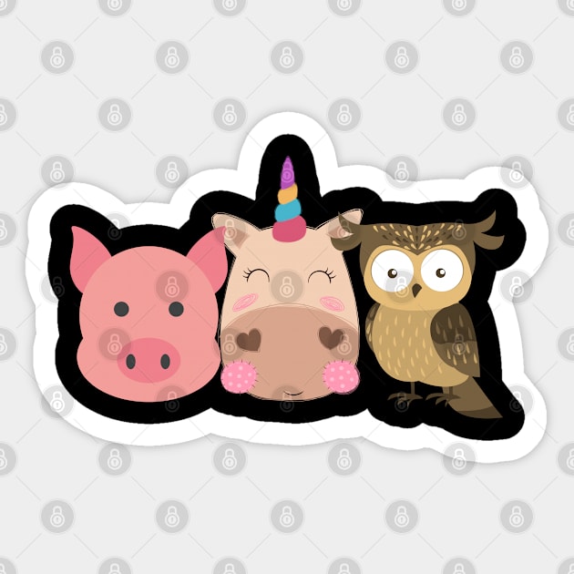 cute unicorn, pig, owl, Sticker by CatheBelan